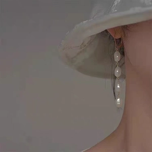 French baroque gold dangling earrings with four natural freshwater pearls for women