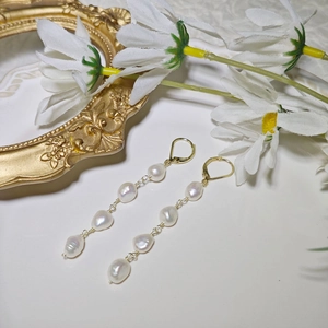 French Baroque style long drop earrings with five natural freshwater pearls in gold finish