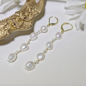 Elegant French baroque natural freshwater pearl drop earrings with gold finish