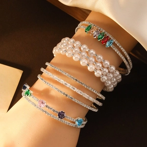Luxury multi-layer bracelet set with colorful zircons, pearls and sparkling crystals