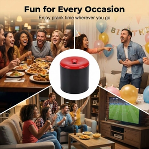 Detailed view of the red and black prank device shown across various social party scenes