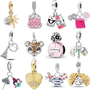 Selection of 12 silver charm pendants with colorful enamel and zircon for DIY jewelry making