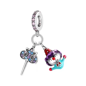 Macro detail of alloy jester and scepter charm pendant with colorful zircon stones