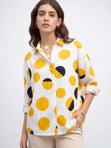Chemisier à Manches Longues à Pois Décontracté pour Femmes Mode Revers à Boutons pour le Bureau au Quotidien Mélange Coton Polyester