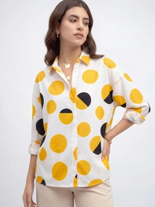 Chemisier blanc à manches longues pour femmes avec motif à pois jaunes et noirs