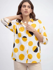 Chemisier blanc à manches longues pour femmes avec motif à pois jaunes et boutons sur le devant