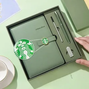 Forest green soft leather notebook set with matching pen and USB flash drive