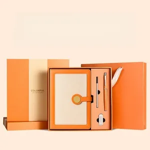 Business A5 faux leather notebook gift set with pen and metal bookmark in orange box