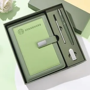 Executive green leather notebook gift set with metal pen and USB drive in a premium box