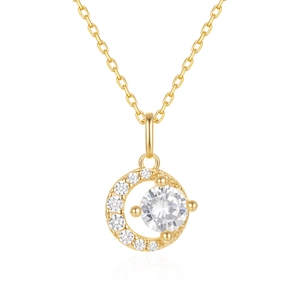 Vue détaillée du pendentif lune en argent 925 doré avec pavé de cristaux et pierre centrale