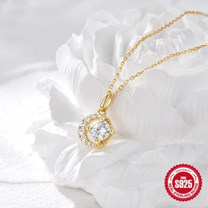 Collier en argent 925 plaqué or avec pendentif rond serti d'un diamant central brillant
