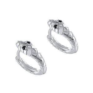Detailed view of silver snake stud earrings with textured scales and black zircon eyes