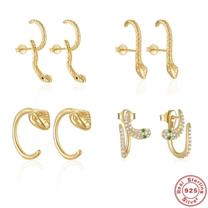 925 Sterling Silver Snake Earrings For Women Zirconia Inlaid Gold Silver Plated Animal Shape Stud Wrap Earrings Hip Hop Street Style Jewelry