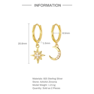 Macro detail of S925 silver star and moon earrings with AAAAA zircon measurements