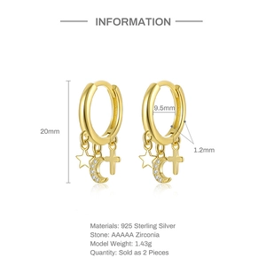 Detail of S925 sterling silver asymmetrical star moon earrings with AAAAA zircon stones