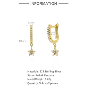 Detailed size chart for S925 sterling silver star and moon earrings with AAAAA zircon