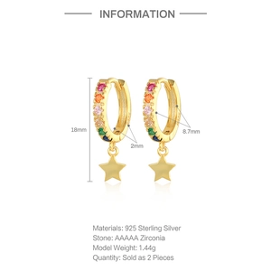 Detailed view of S925 sterling silver star earrings with colorful zirconia and measurements