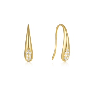 Detail of gold teardrop earrings featuring a curved design and sparkling micro-pave stones