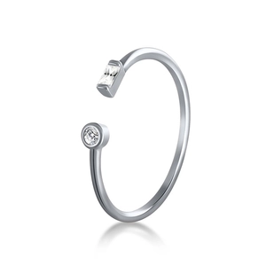 Detail view of S925 sterling silver open ring with baguette and round zircon stones