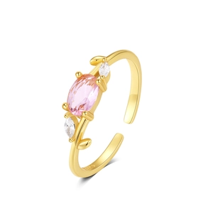 Macro view of S925 sterling silver ring with oval pink gemstone and leafy zircon details