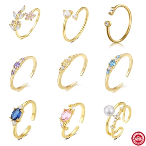 Vintage S925 Sterling Silver Adjustable Open Ring For Women Minimalist Flower Leaf Zirconia Artificial Pearl Opal Gold Silver Jewelry