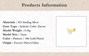 Detailed specs of bee stud earring in 925 silver with cubic zirconia and 18K gold plating