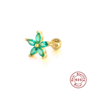 925 Sterling Silver Gold Plated Flower Stud Earrings with Green Zirconia and Screw Backs