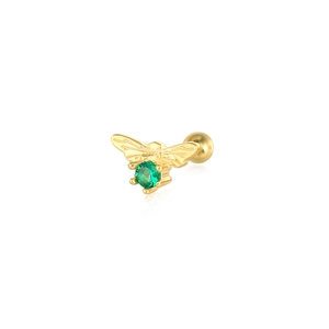 Macro detail of golden bee cartilage stud earring with green zircon and screw ball back