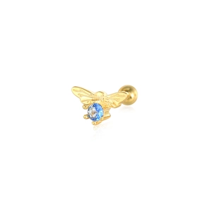 Detail of gold bee stud earring with blue zircon and ball screw back closure