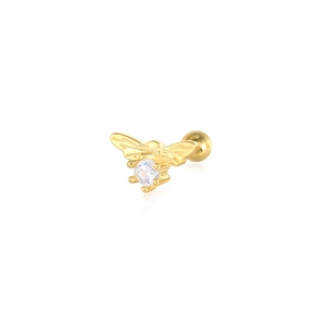 Detailed close-up of a golden bee stud earring with a central clear zircon stone