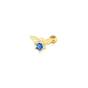 Detailed view of tiny golden bee stud earring with blue zircon and screw ball back