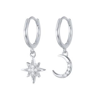 Close-up of asymmetric S925 silver hoop earrings with micro-set zircon star and moon charms