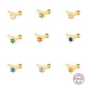 Cute 925 Sterling Silver Bee Piercing Earring 18K Gold Plated Zirconia Cartilage Stud For Women Tiny Animal Jewelry