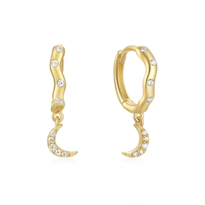 Detailed macro view of S925 silver crescent moon hoop earring with sparkling zircons