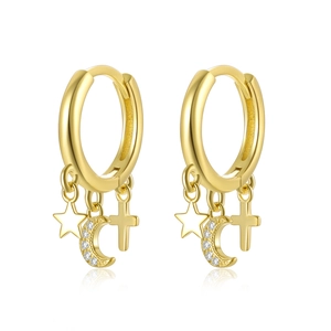 Detail of gold moon star earrings with crystal crescent and cross charms on white base
