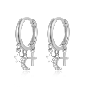 Detail view of S925 sterling silver earrings with star, zircon moon and cross charms