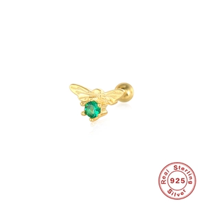 925 Sterling silver bee stud earrings with green zircon crystal and screw ball backs