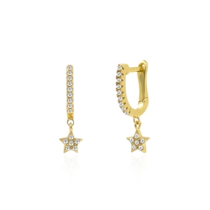 Detailed view of gold S925 sterling silver star drop earrings with sparkling zircon stones