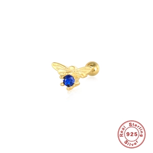 925 Sterling Silver bee stud earring with blue zircon stone and screw back design