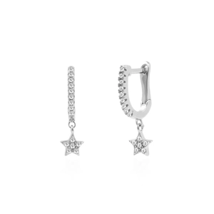 Detailed view of S925 sterling silver hoop earrings with sparkling star charms and zircon