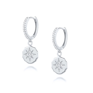 Detail of S925 silver asymmetric earrings featuring starburst moon and micro-set zircons