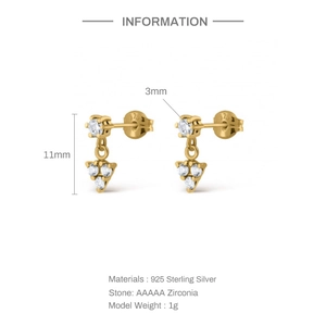 Detail view of 925 sterling silver gold earrings with AAAAA zirconia and dimensions