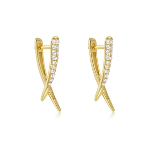 Detailed close-up of S925 sterling silver gold-plated crossover hoop earrings with zircons
