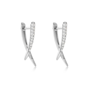 Macro view of S925 sterling silver hoop earrings with crisscross X-shape and white zircons