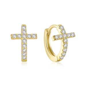 Macro shot of gold-plated S925 silver huggie earrings with cubic zirconia crosses