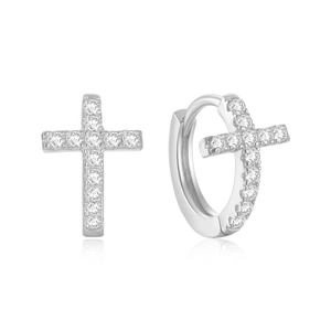 Macro view of sterling silver cross hoop earrings with shimmering crystal pavé settings