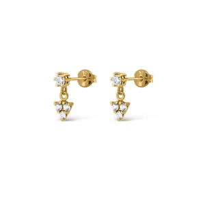 Macro shot of 9K gold earrings with clustered white zircon triangles and 375 hallmark