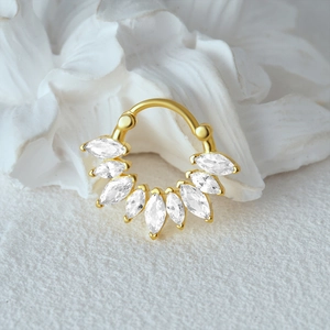 Detailed view of s925 silver hoop with marquise-cut opal stones in gold finish