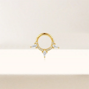 Macro view of a 18K gold-plated S925 silver hoop ring with opal and marquise-cut zircons