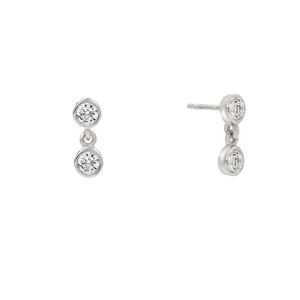 Detailed view of S925 sterling silver drop earrings with bezel-set round sparkling zircons